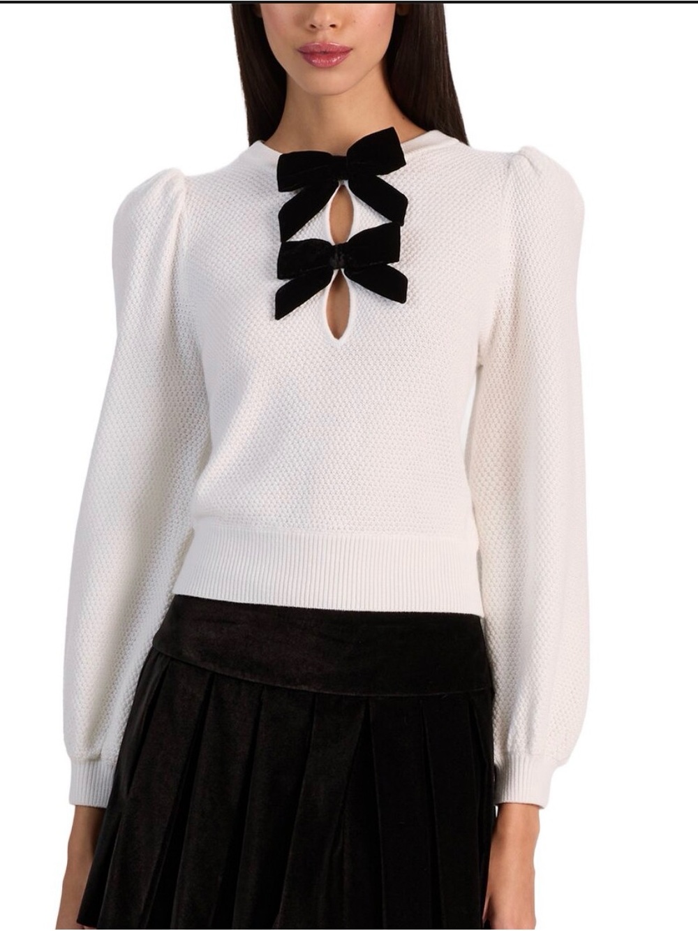Alice + Olivia White Doris Puff-Sleeve Sweater with Black Velvet Bows